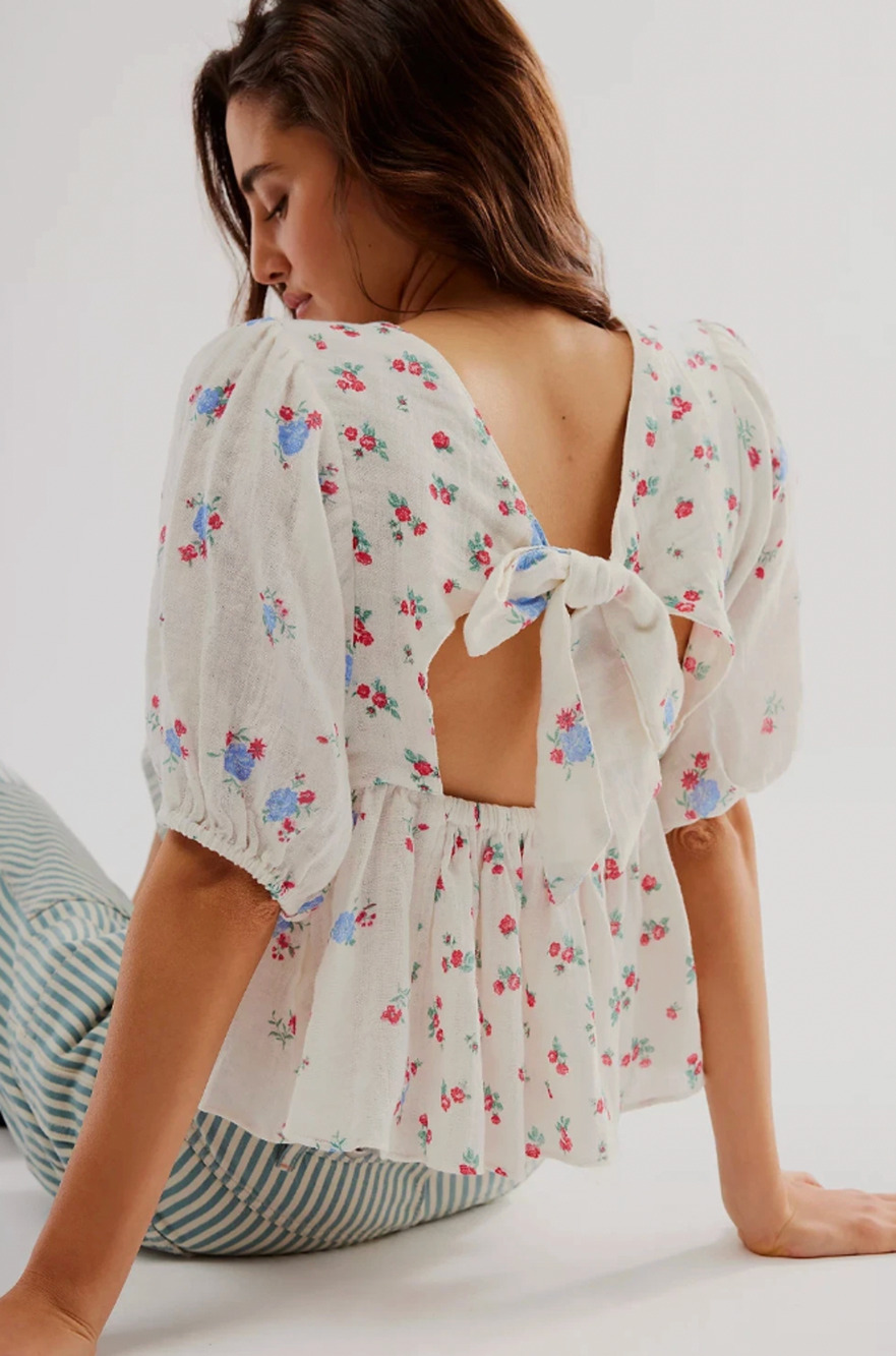 Free People Chloe Printed Top SMALLWomen Casual Floral Gauze Cotton Blouse